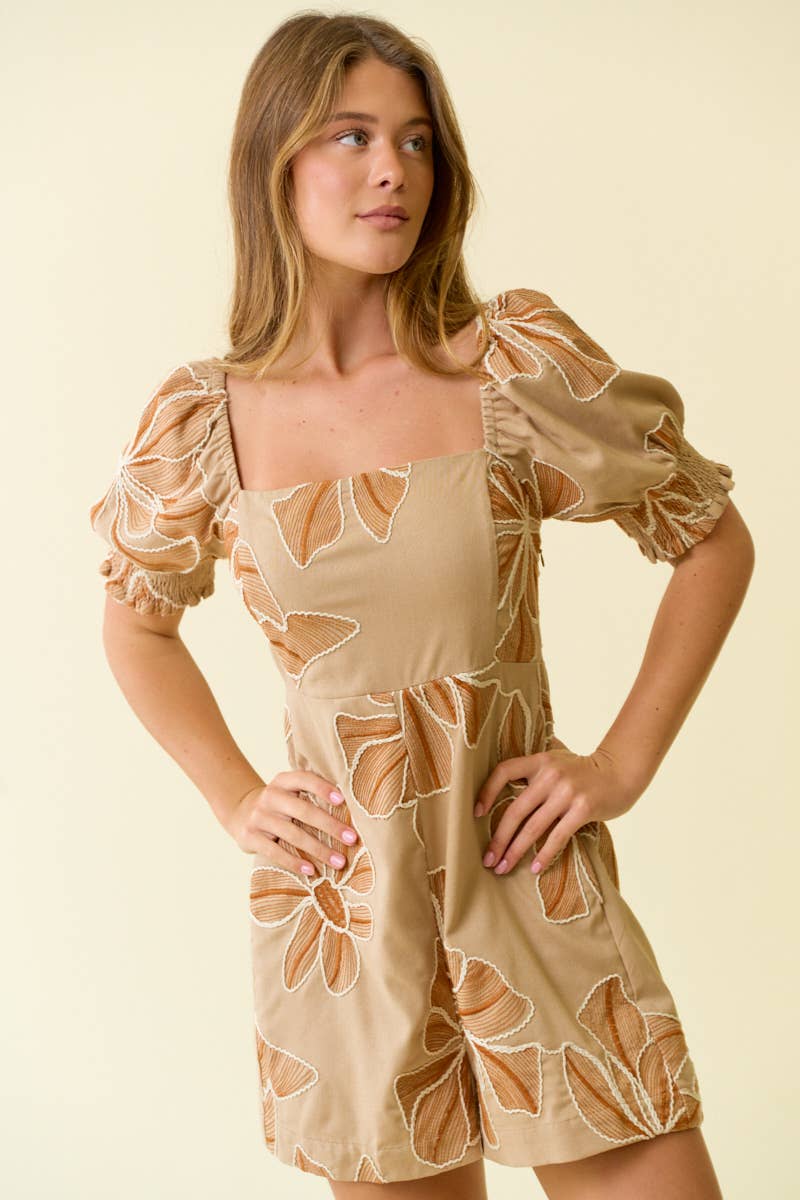 Beige Floral Print Babydoll Romper