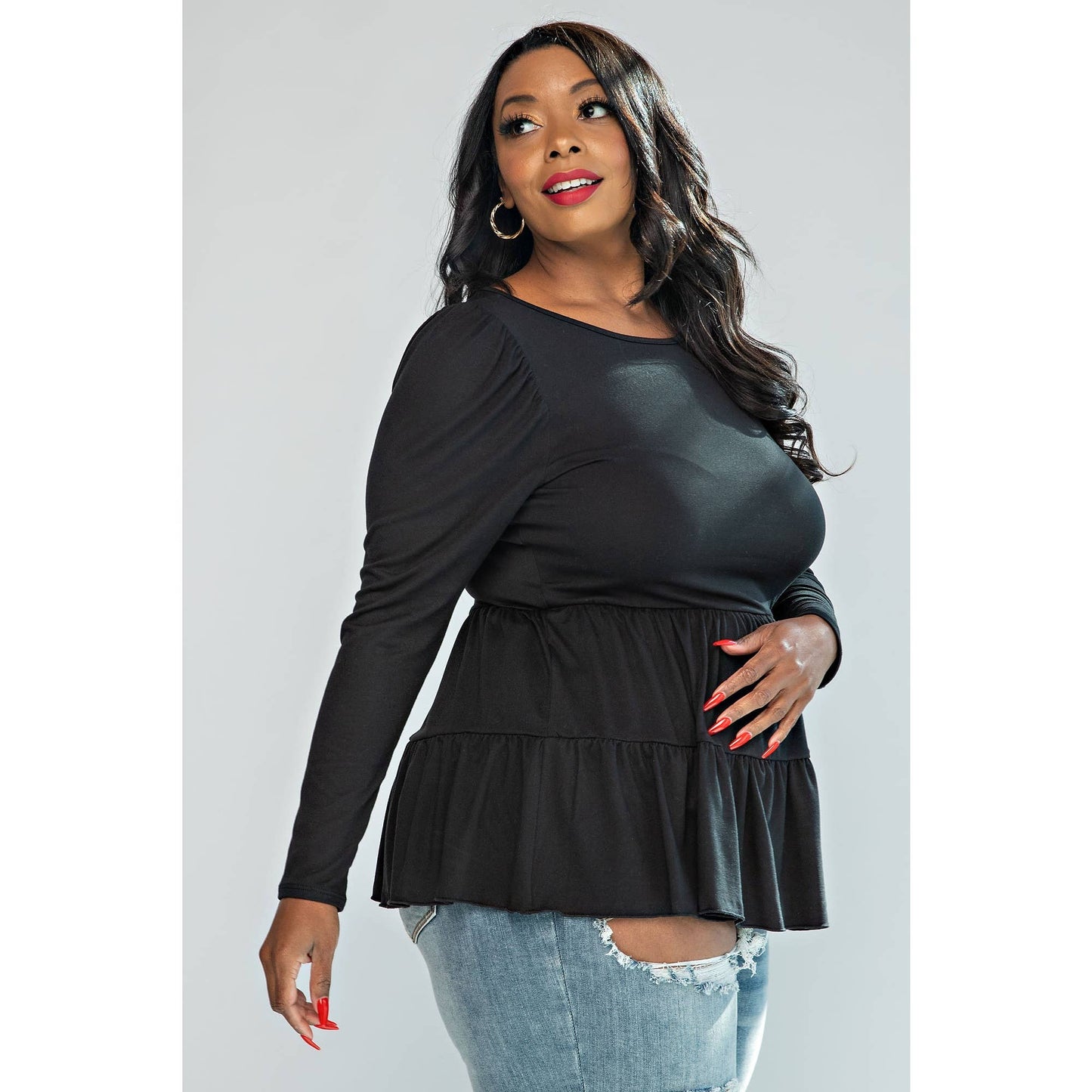 PLUS SIZE LONG PUFF SLEEVES TIERED TOP