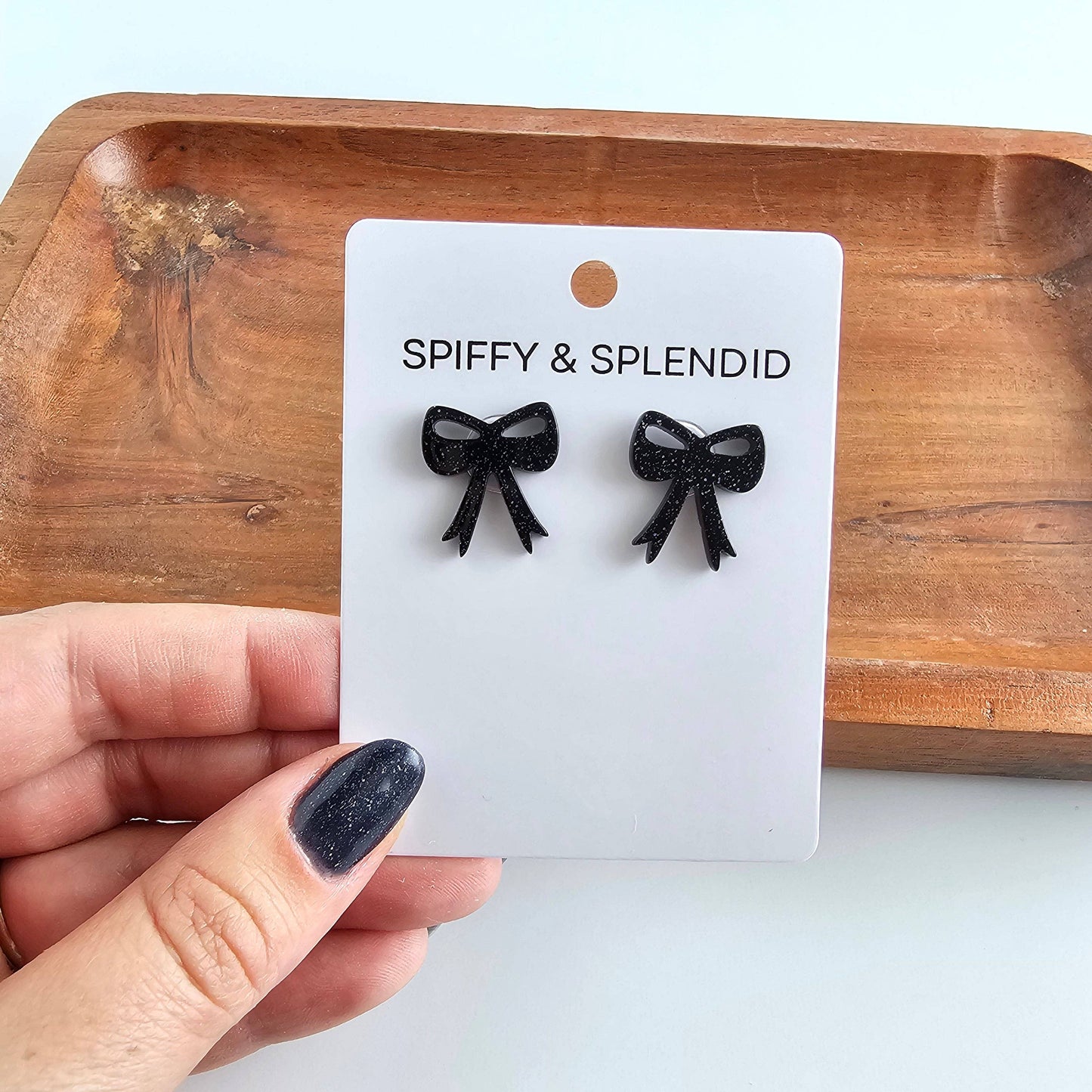 Black Glitter Bow Stud Halloween Earrings