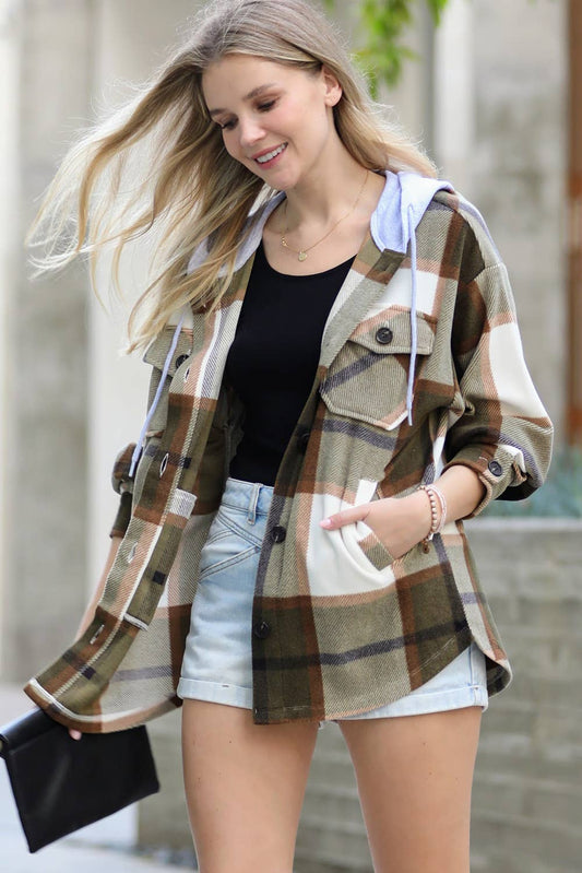 Olive Plaid Drawstring Hooded Jacket