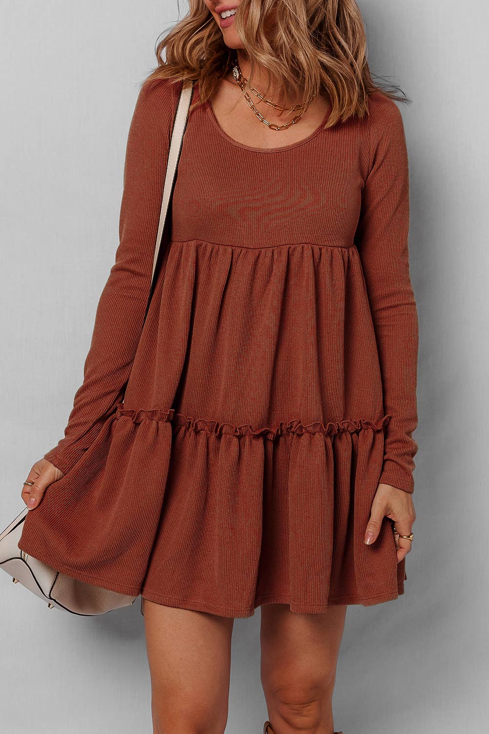 Ribbed Frilled Trim Long Sleeve Dress
