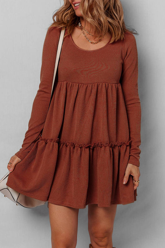 Ribbed Frilled Trim Long Sleeve Dress