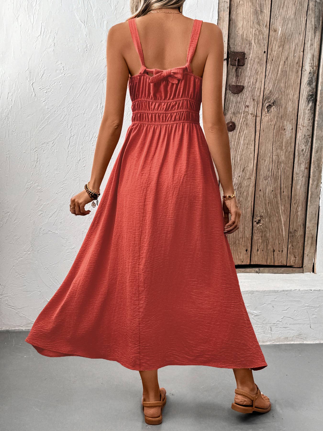 Rust Red Ruched Smocked Waist Maxi Dress