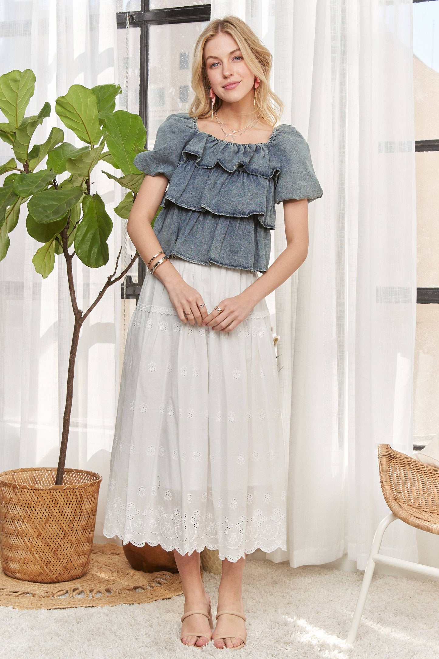 Washed Denim Tiered Ruffle Top