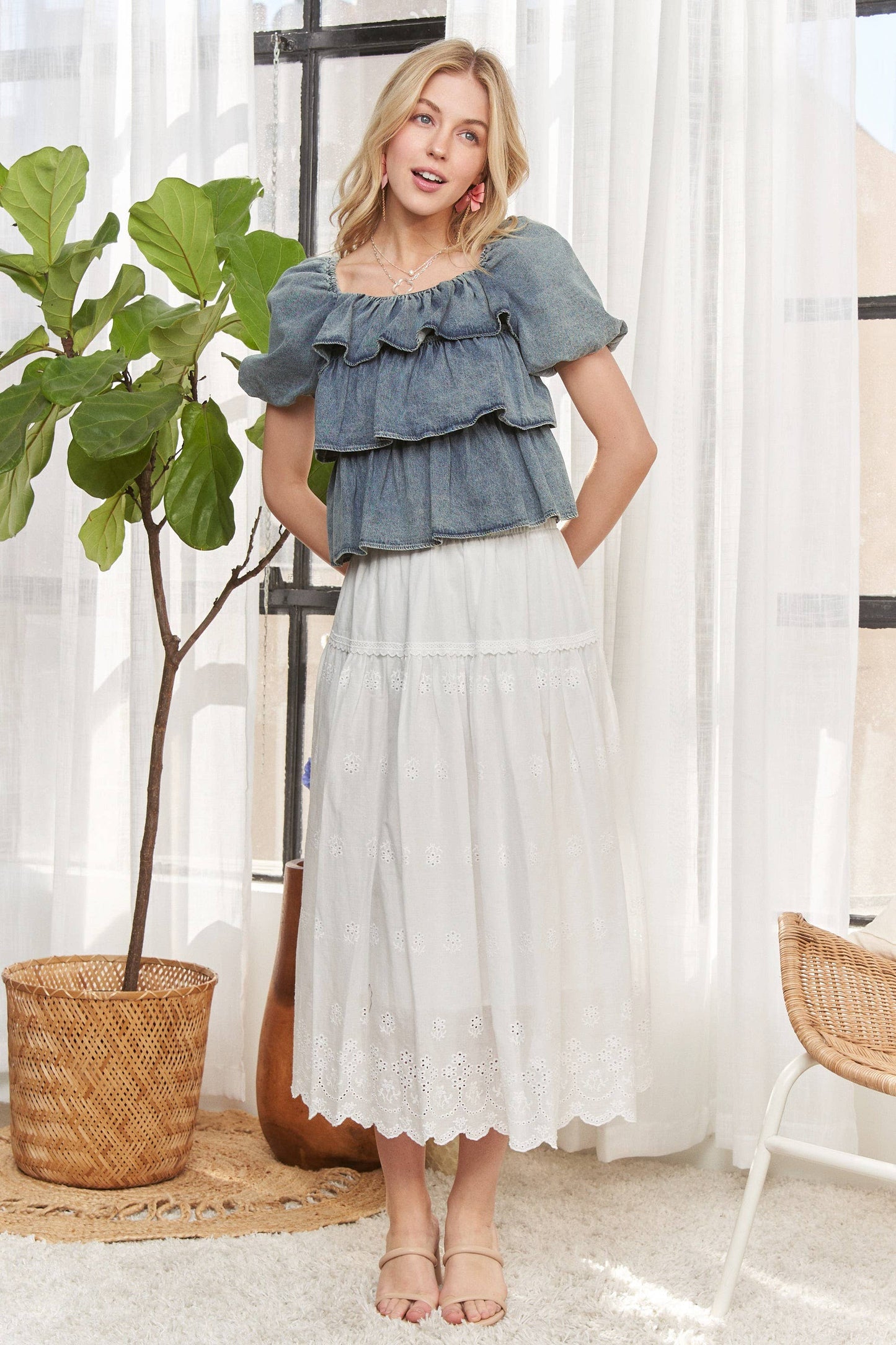 Washed Denim Tiered Ruffle Top
