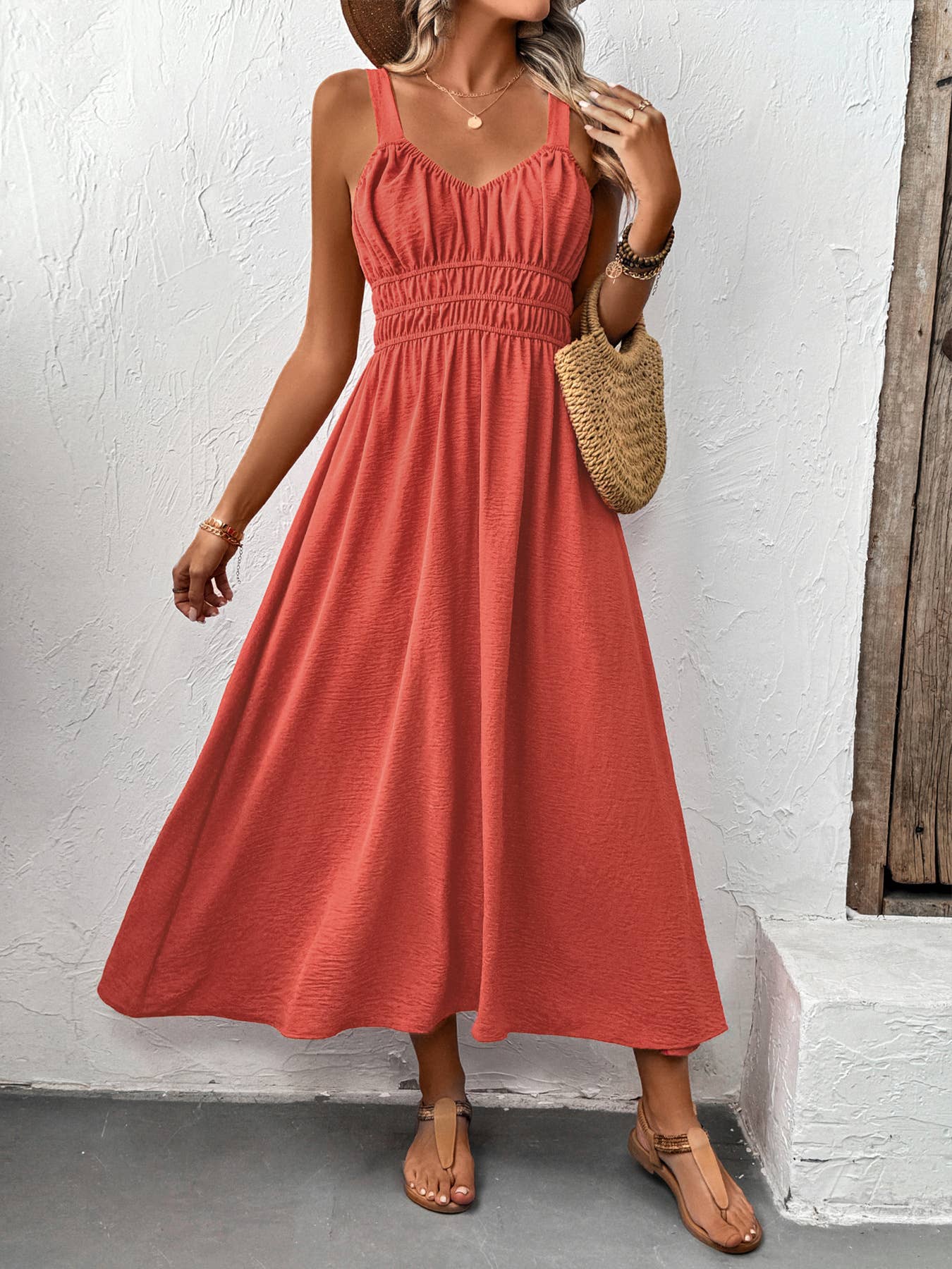 Rust Red Ruched Smocked Waist Maxi Dress