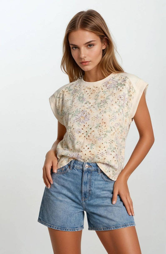 Floral Embroidered Butter Flower Print Top