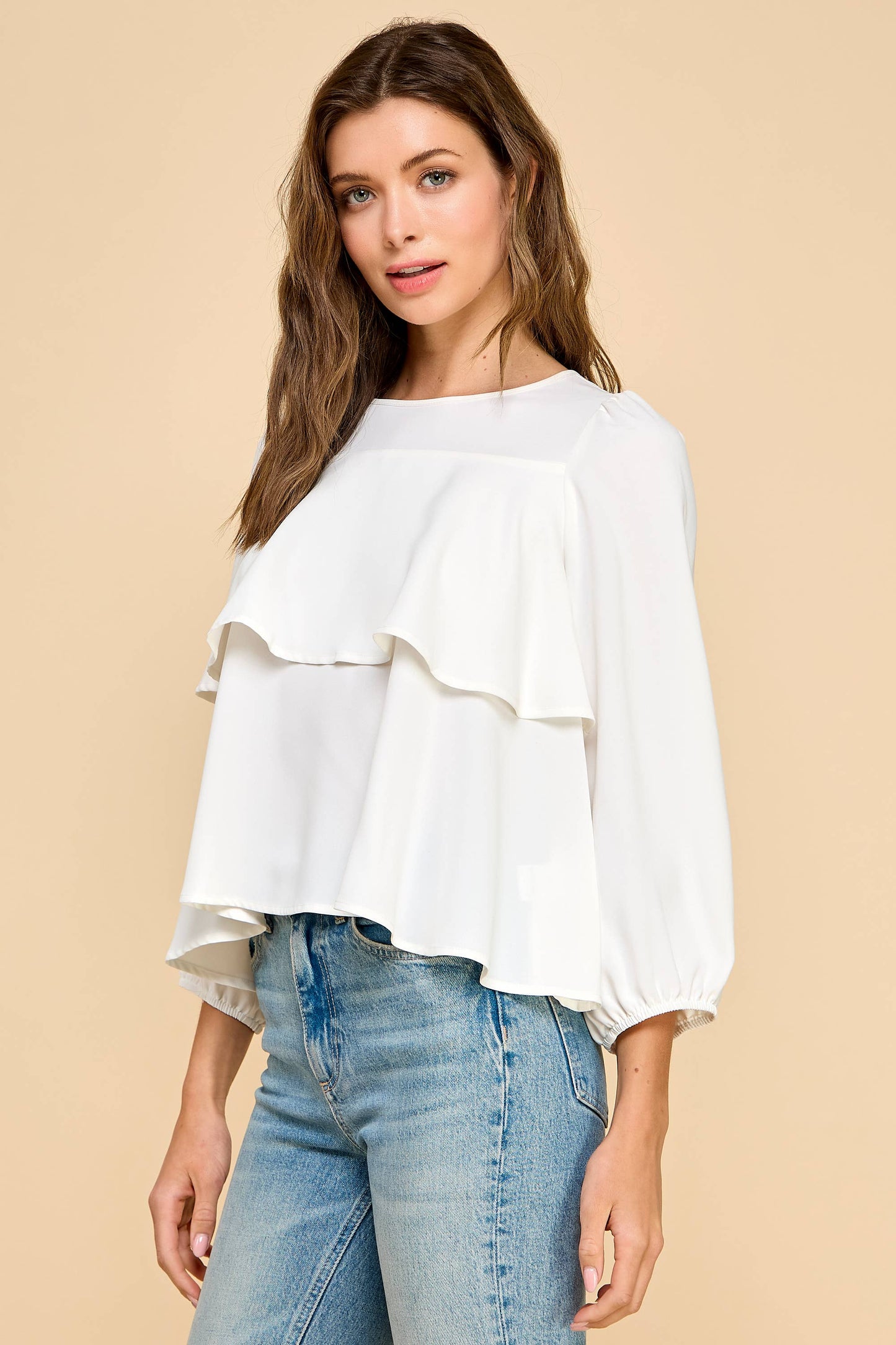 Tiered Ruffle Hem Round Neck Blouse