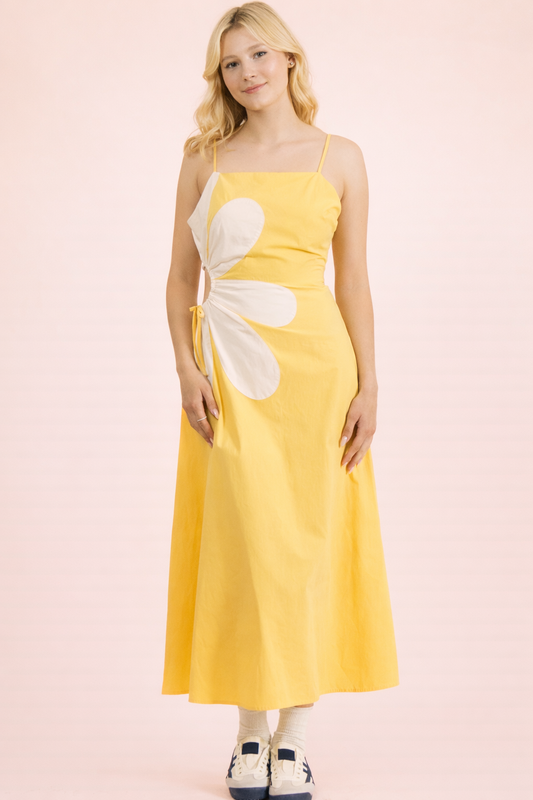 Yellow Side Cutout Floral Detail Midi Dress