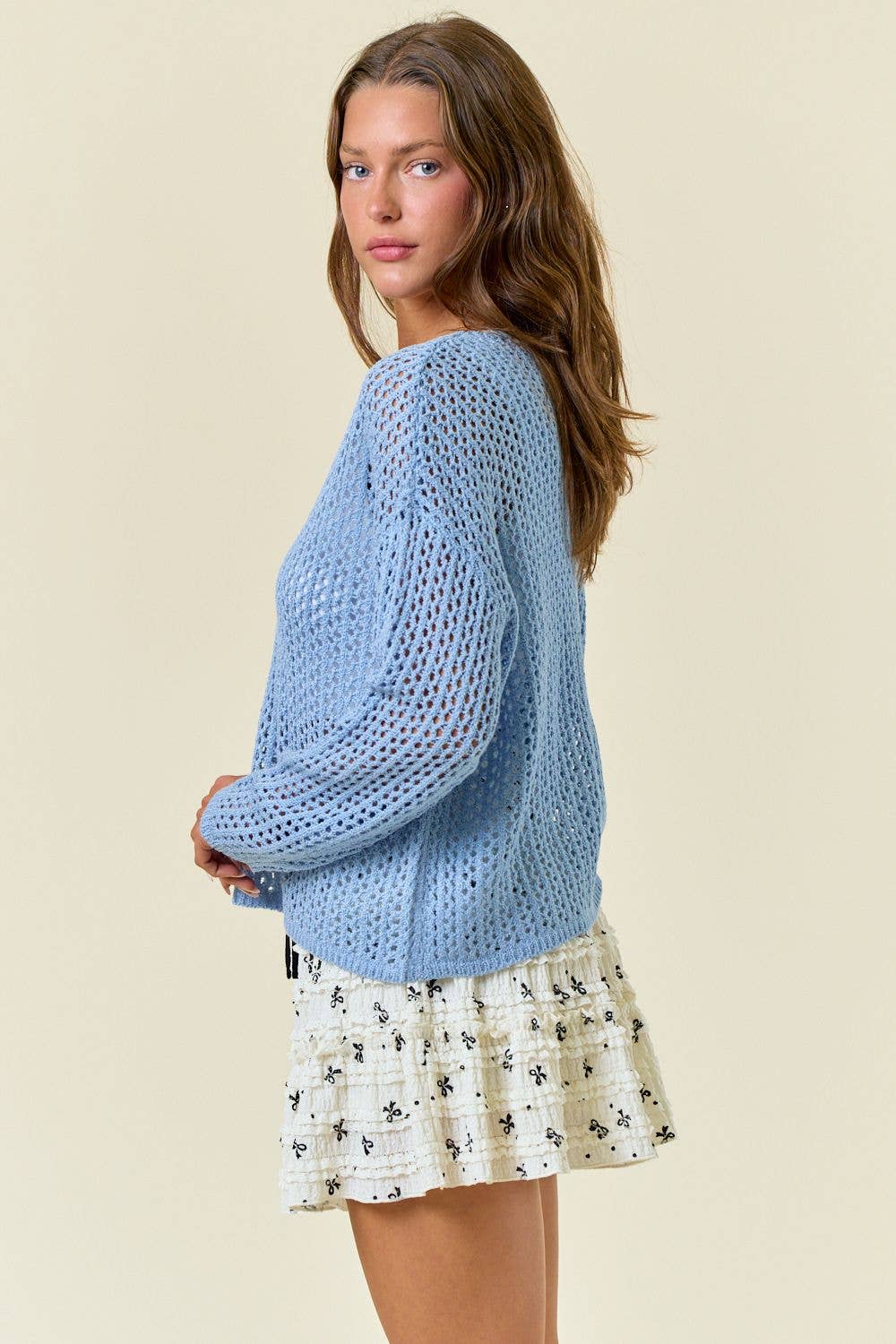 Crocheted V-Neck Long Sleeve Knit Top