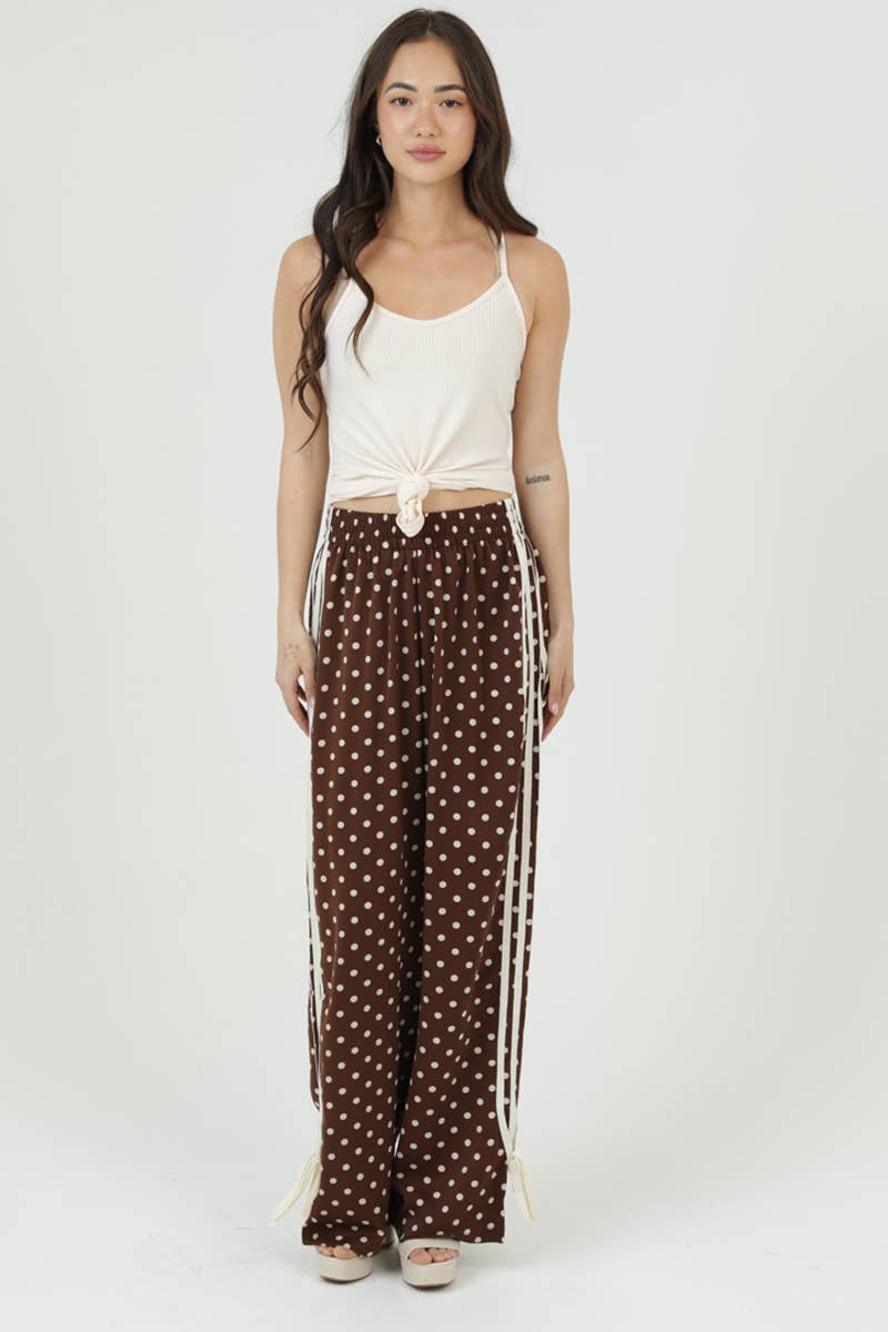 XPA47-DOT POLKA DOT PRINT WIDE LEG PANTS WITH SIDE TAPE TIES