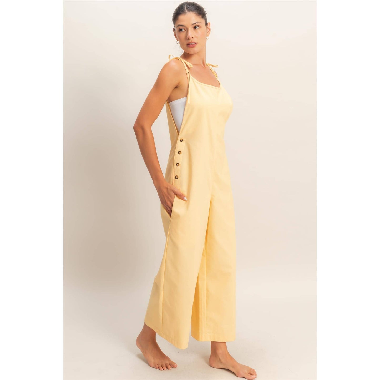 Butter Yellow Adjustable Button Strap Jumpsuit
