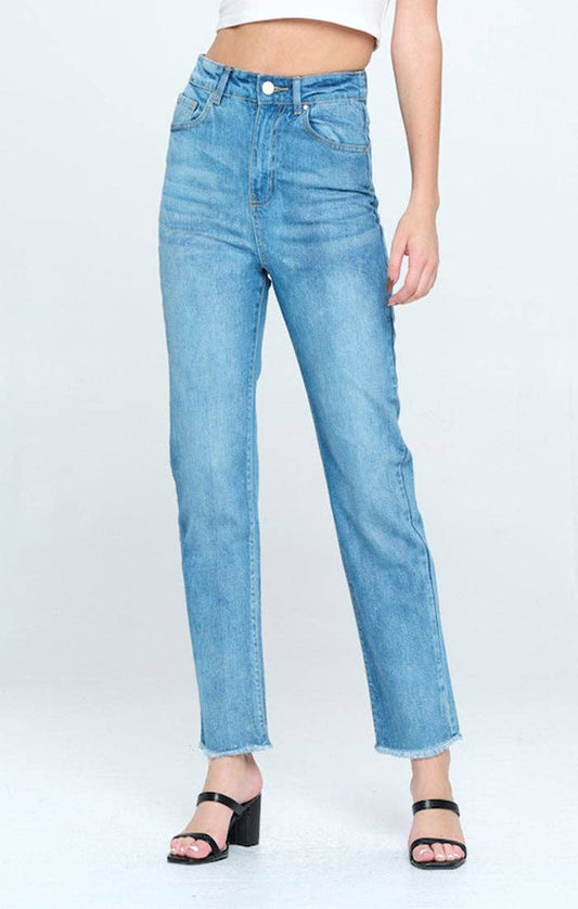 HIGH WAISTED FRAYED HEM CROPPED STRAIGHT JEANS