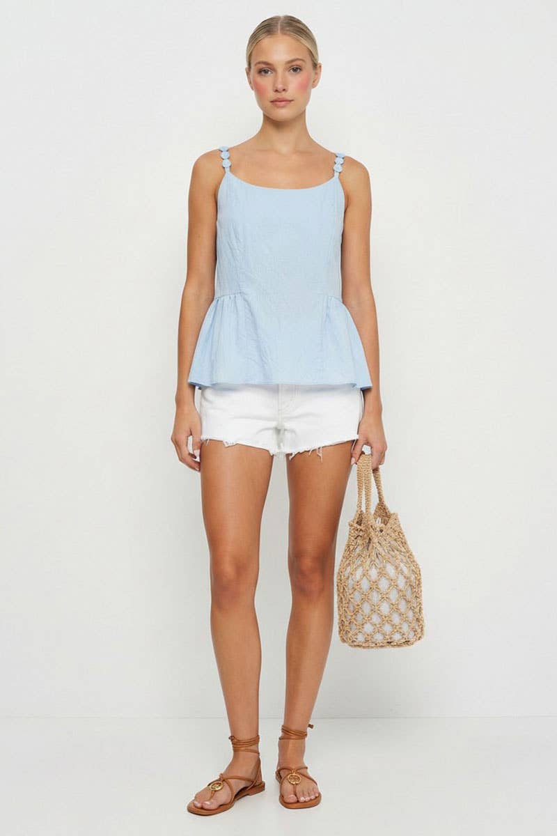 Light Blue Button Detail Ruffle Tank