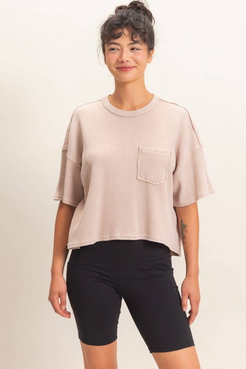 Mineral Wash Waffle Knit Pocket Top