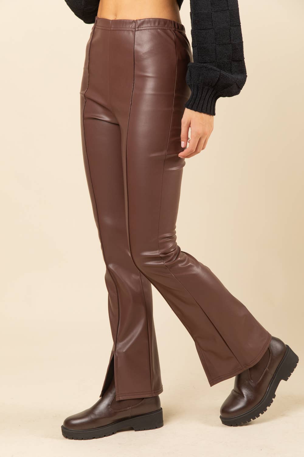 High Waist Fitted Bell Bottom Faux Leather Pants