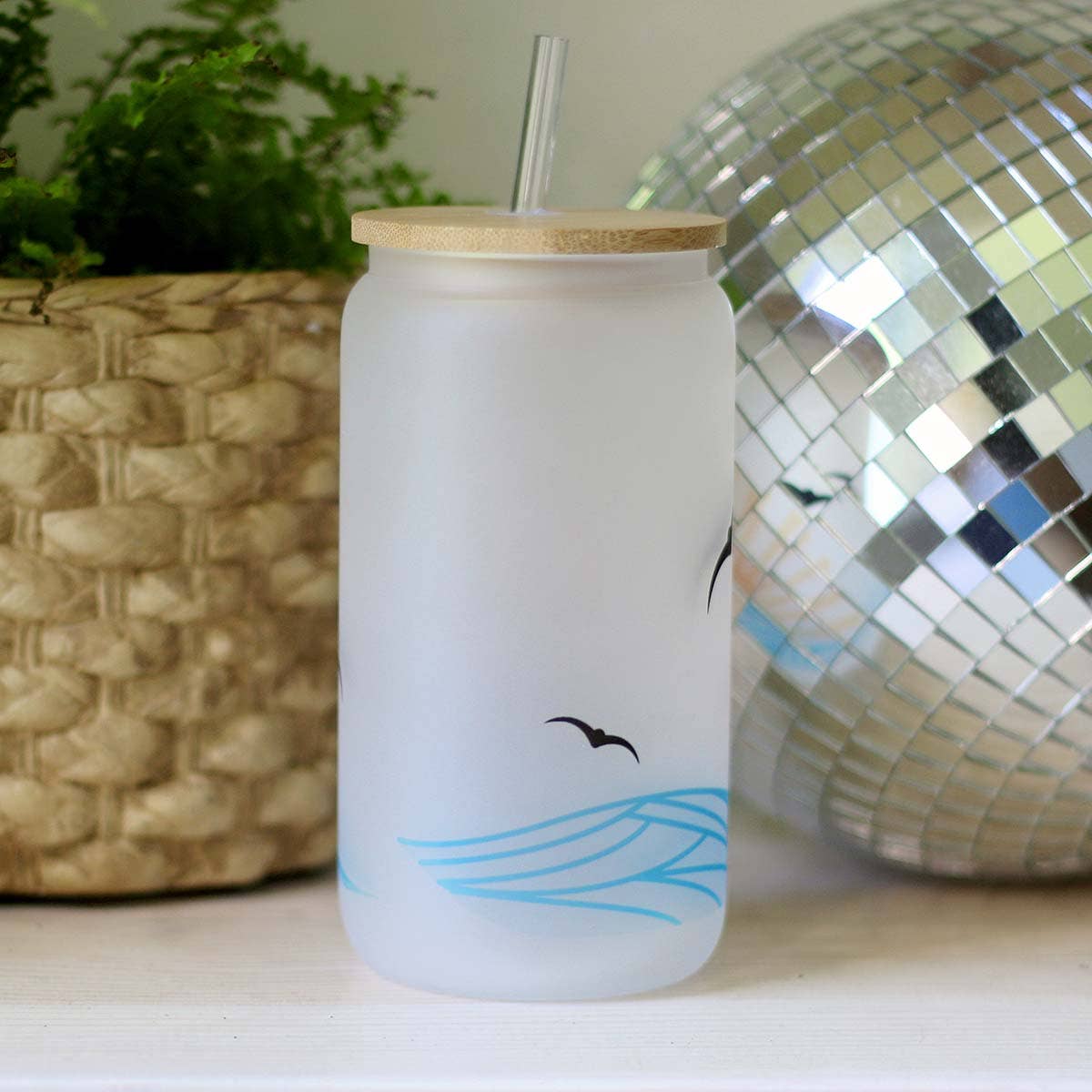 Summer Waves Glass Can Cup + Lid/Straw