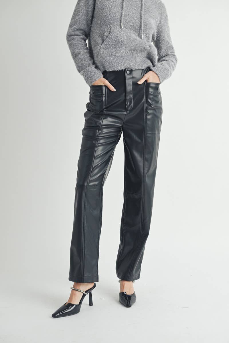 Leather Straight Leg Utility Pocket Pants