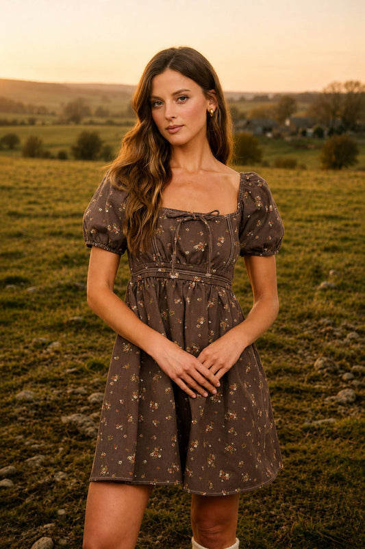 Dark Brown Floral Puff Sleeve Dress