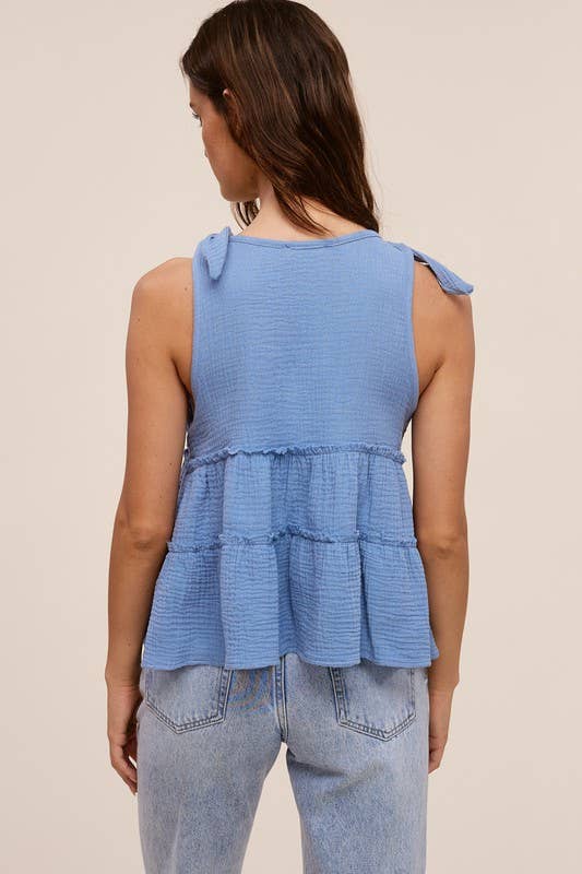 Chambray Tiered Tie-Shoulder Gauze Top