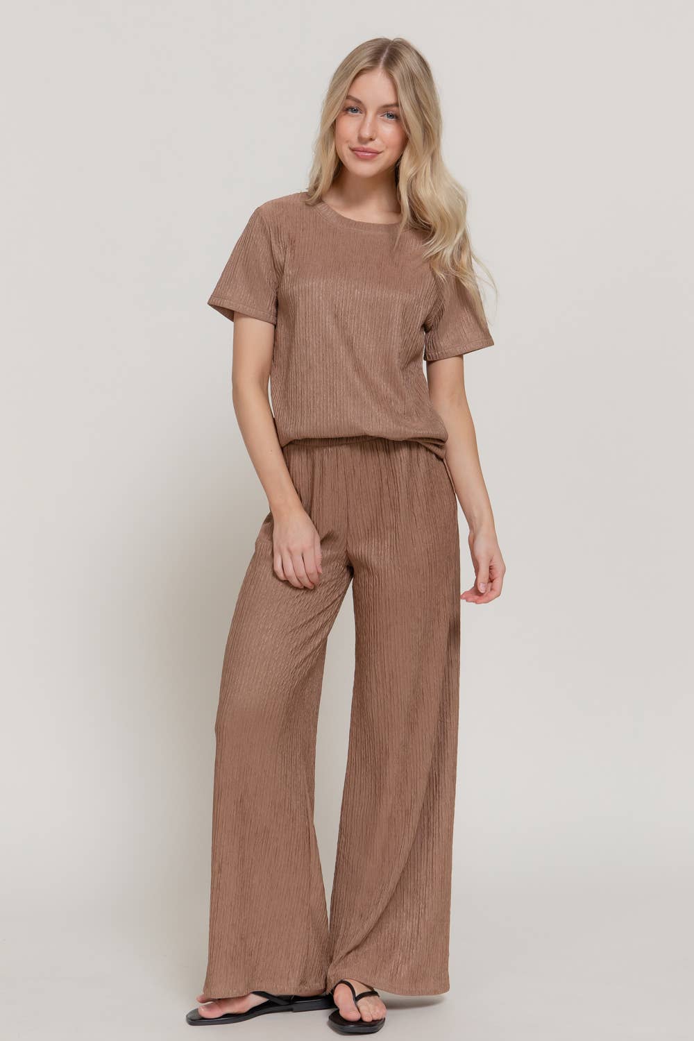 Mocha Short Sleeve Top & Wide Knit Pants Set