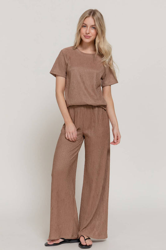 Mocha Short Sleeve Top & Wide Knit Pants Set