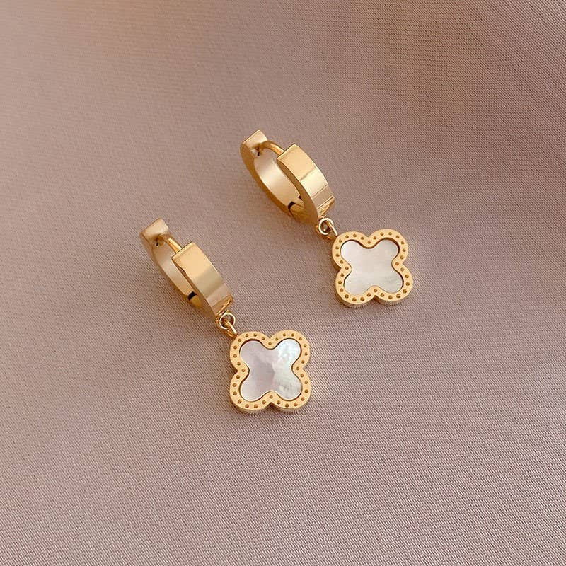 Gold Clover White Huggie Hoops