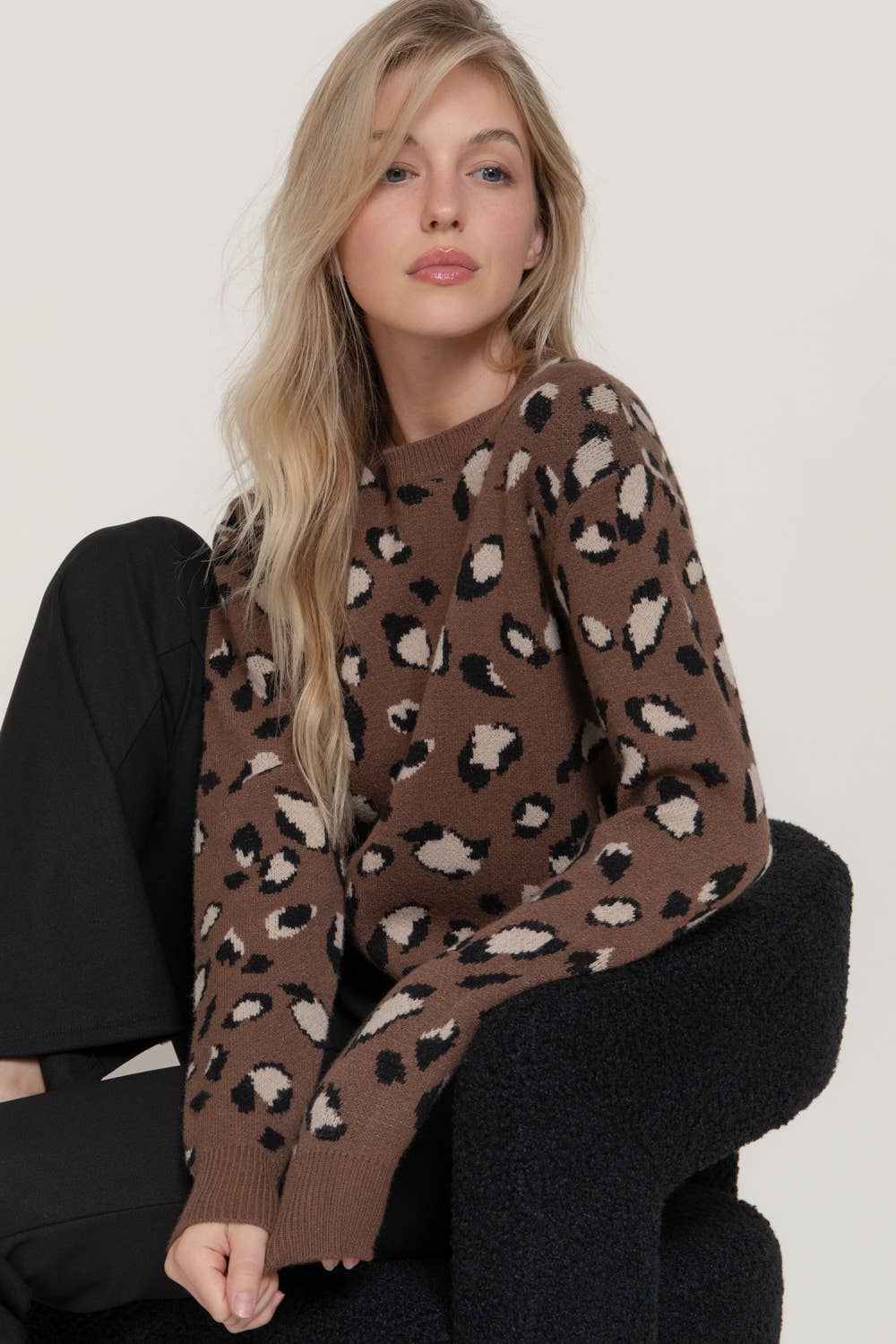 Brown Crew Neck Animal Jacquard Sweater