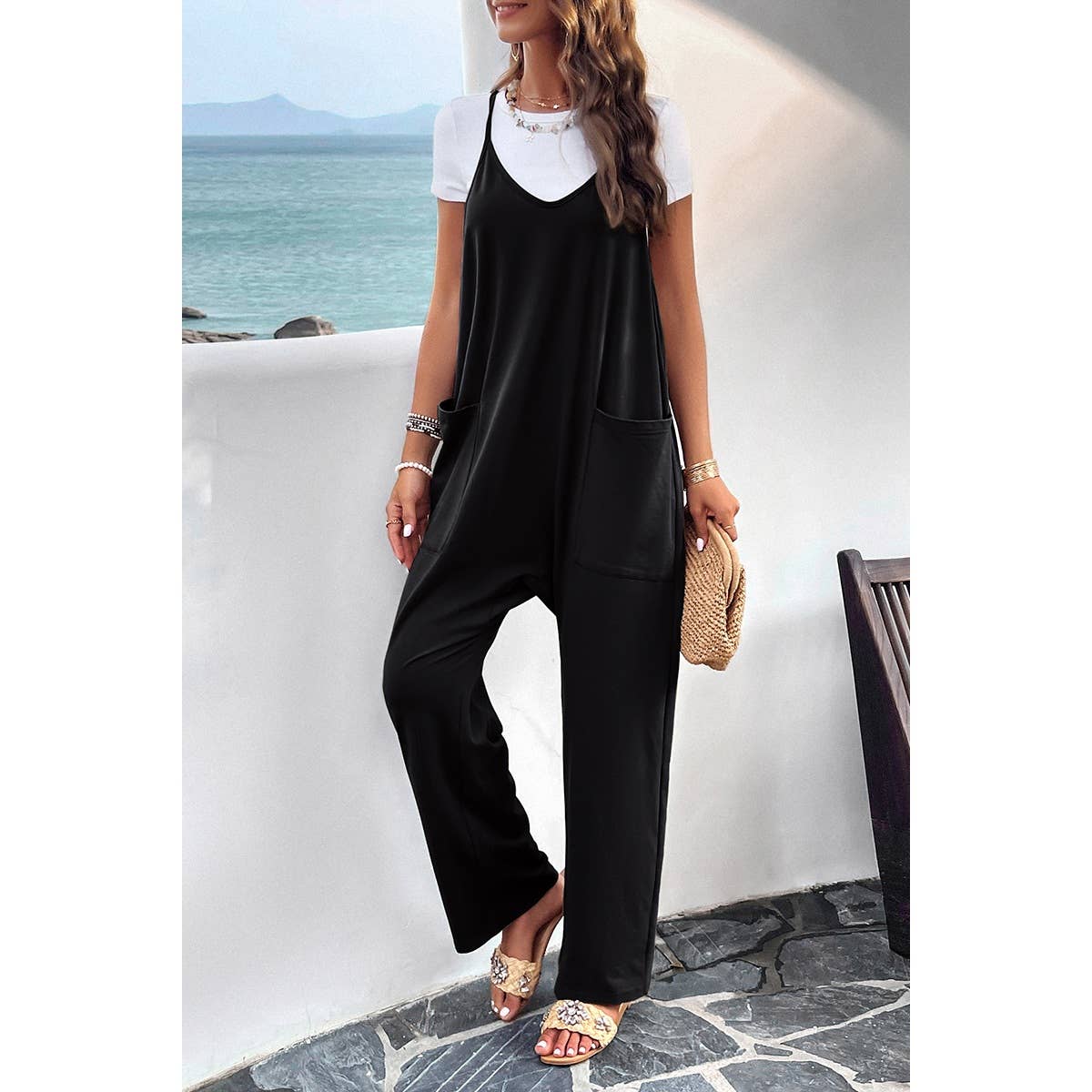 Pocketed Spaghetti Strap Loose Sleeveless Jumpsuit