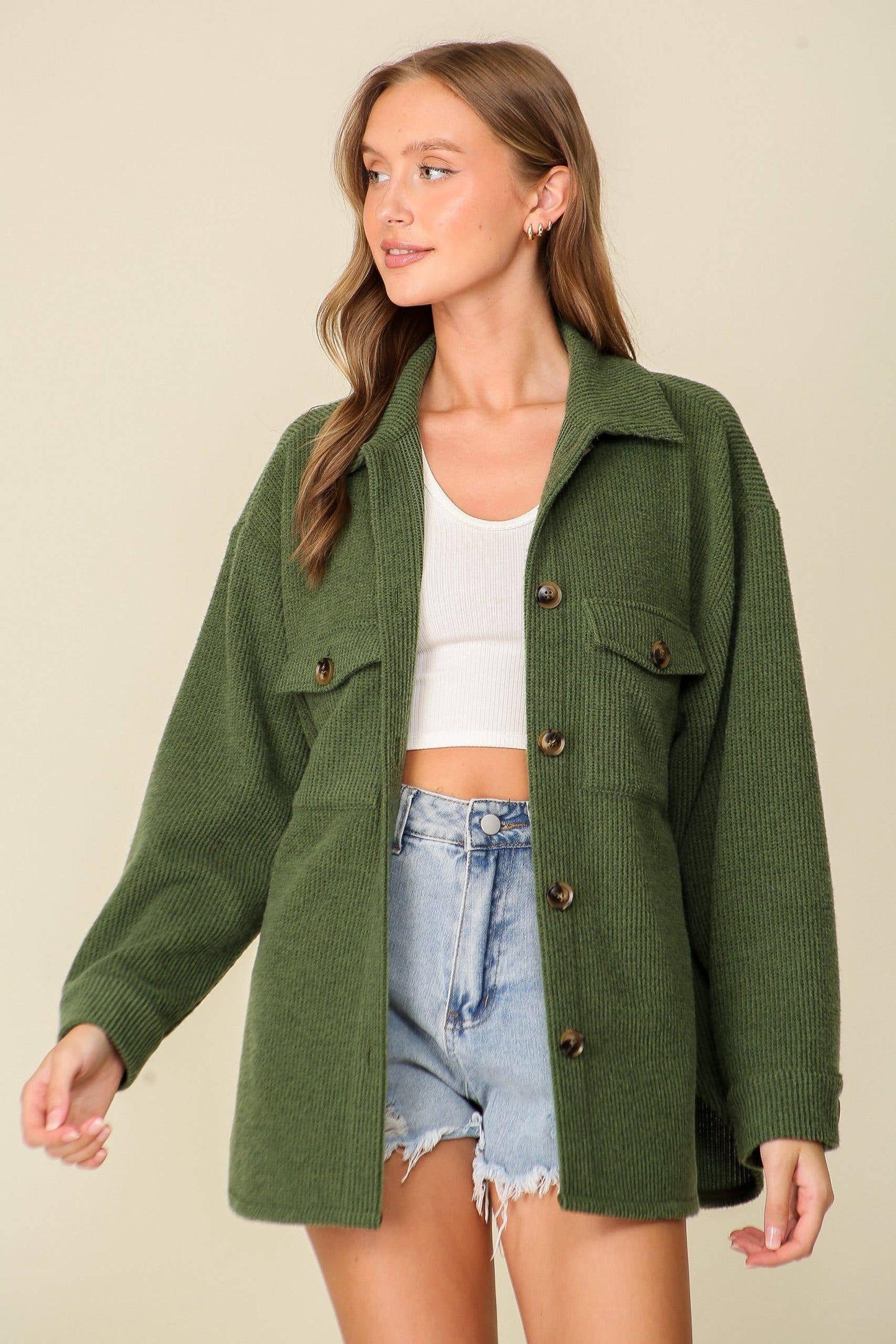 Long Sleeve Button Down Brushed Waffle Shacket