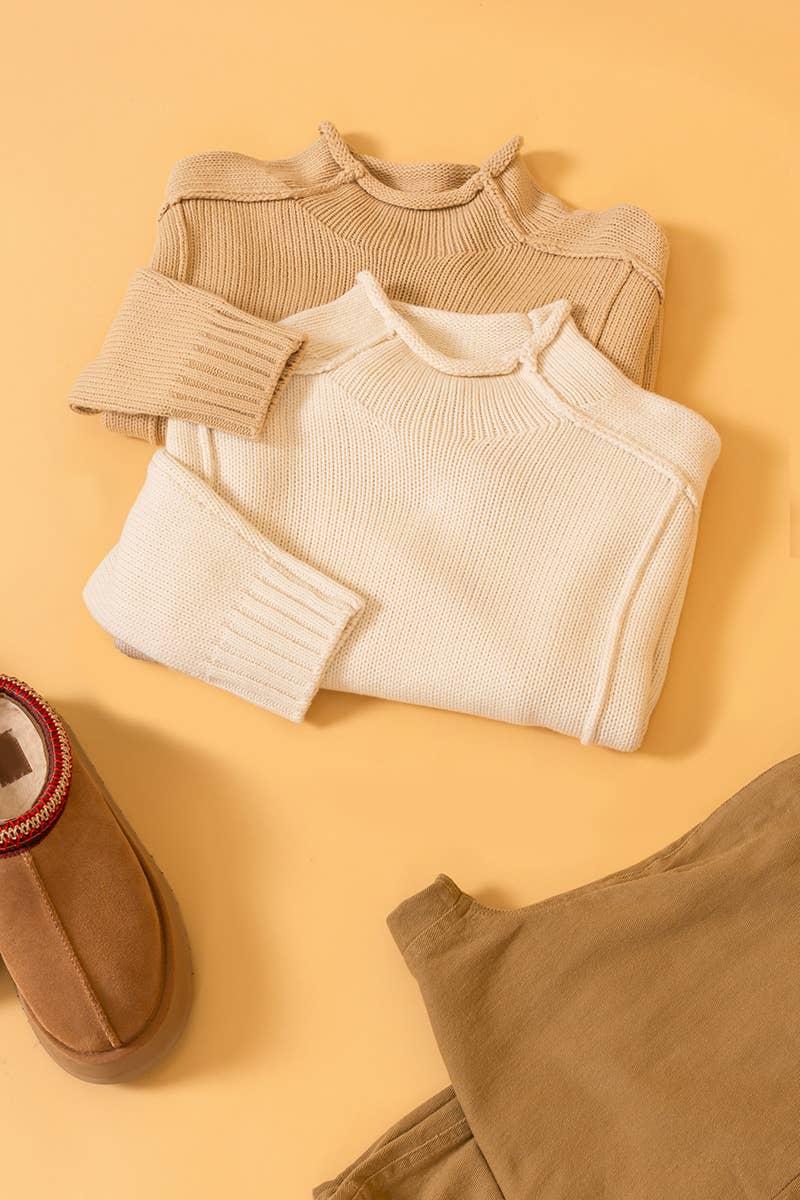 Annie Cream High Neck Reverse Seam Sweater