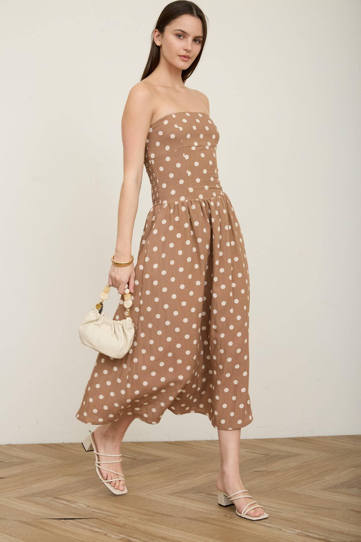 Brown Polka Dot Strapless Midi Dress