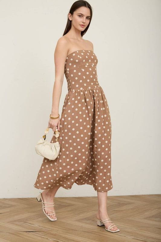 Brown Polka Dot Strapless Midi Dress