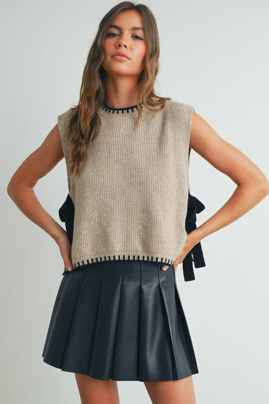 Taupe Mock Neck Sleeveless Bow Sweater