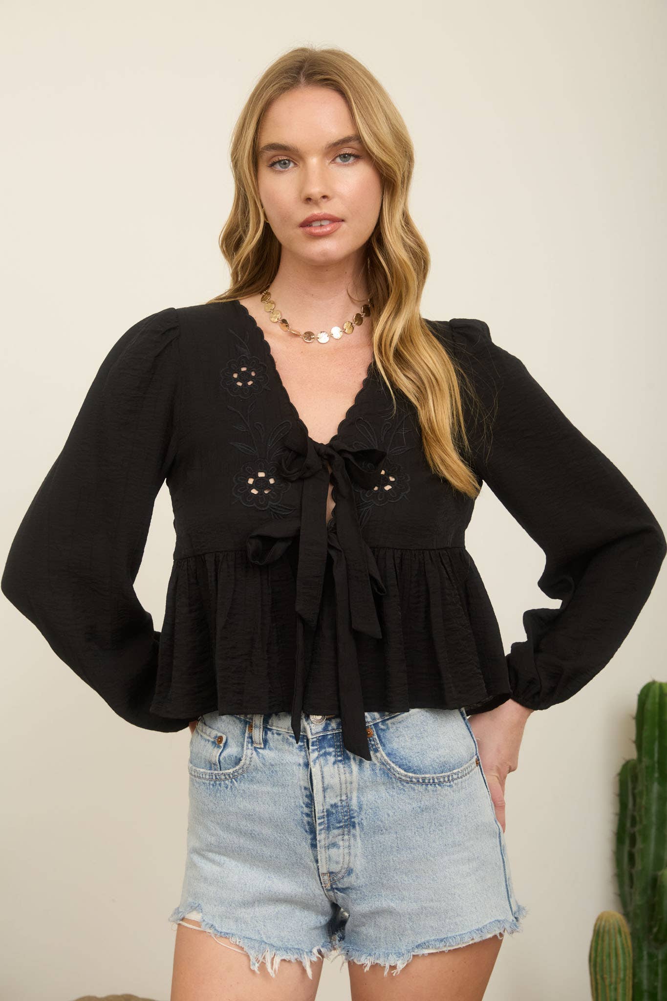Floral Eyelet Embroidery Front Tie Top