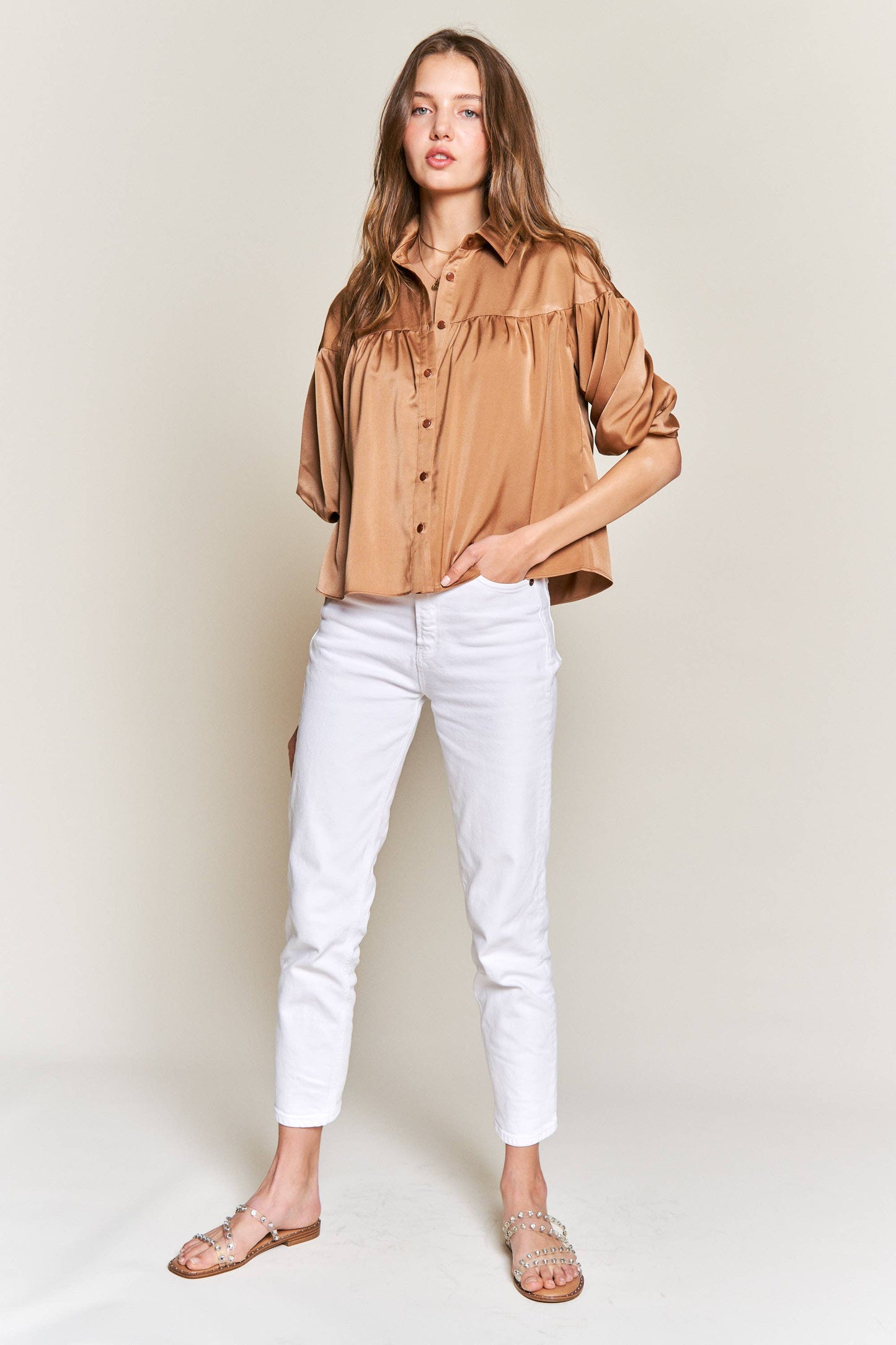 Button Down Silky Collar Top