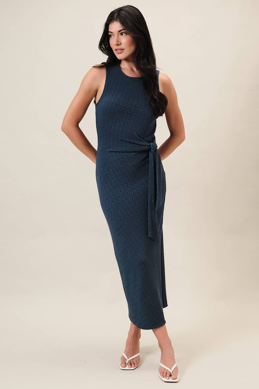 Navy Round Neck Side Tie Midi Dress