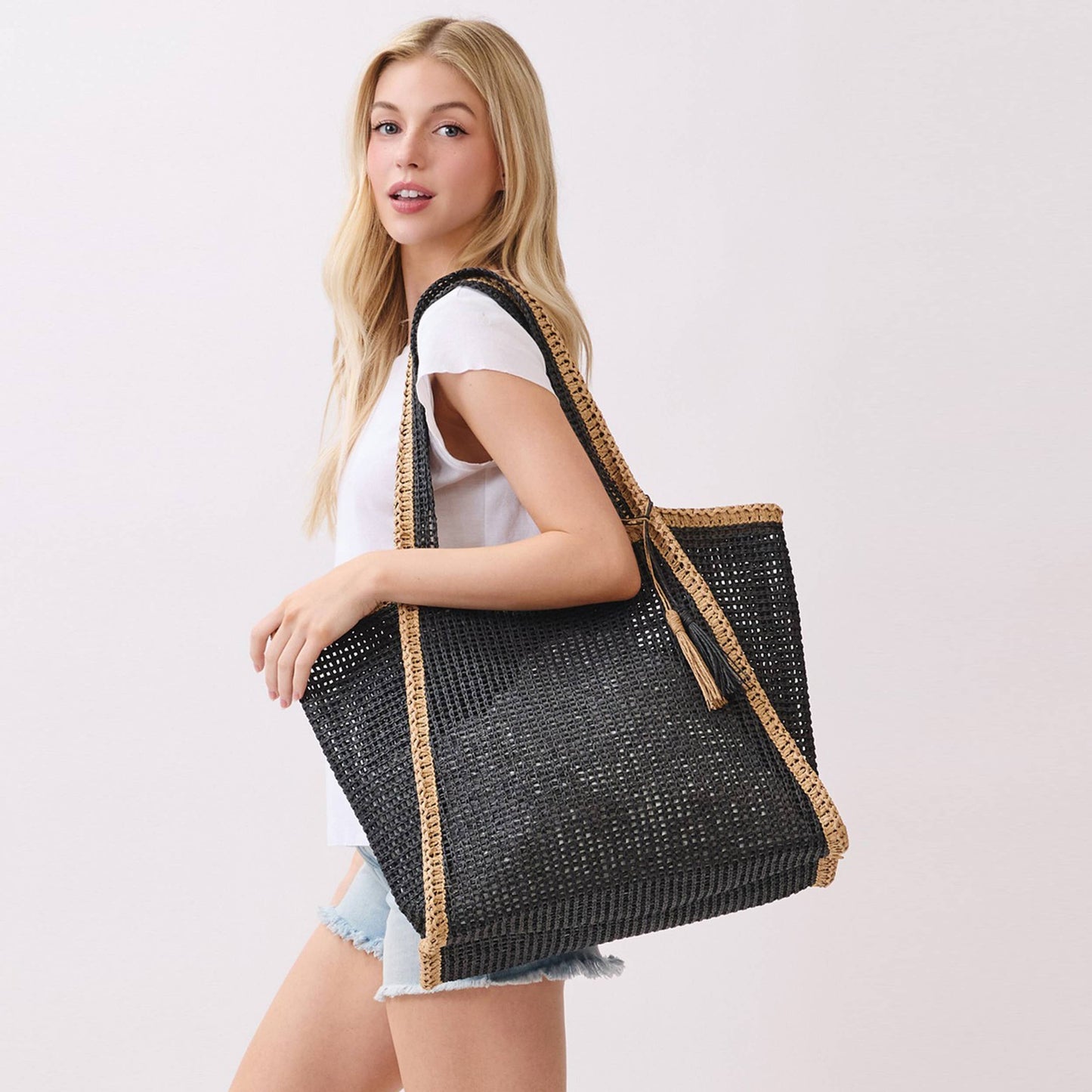 Two Tone Woven Straw with Tassel Tote Bag