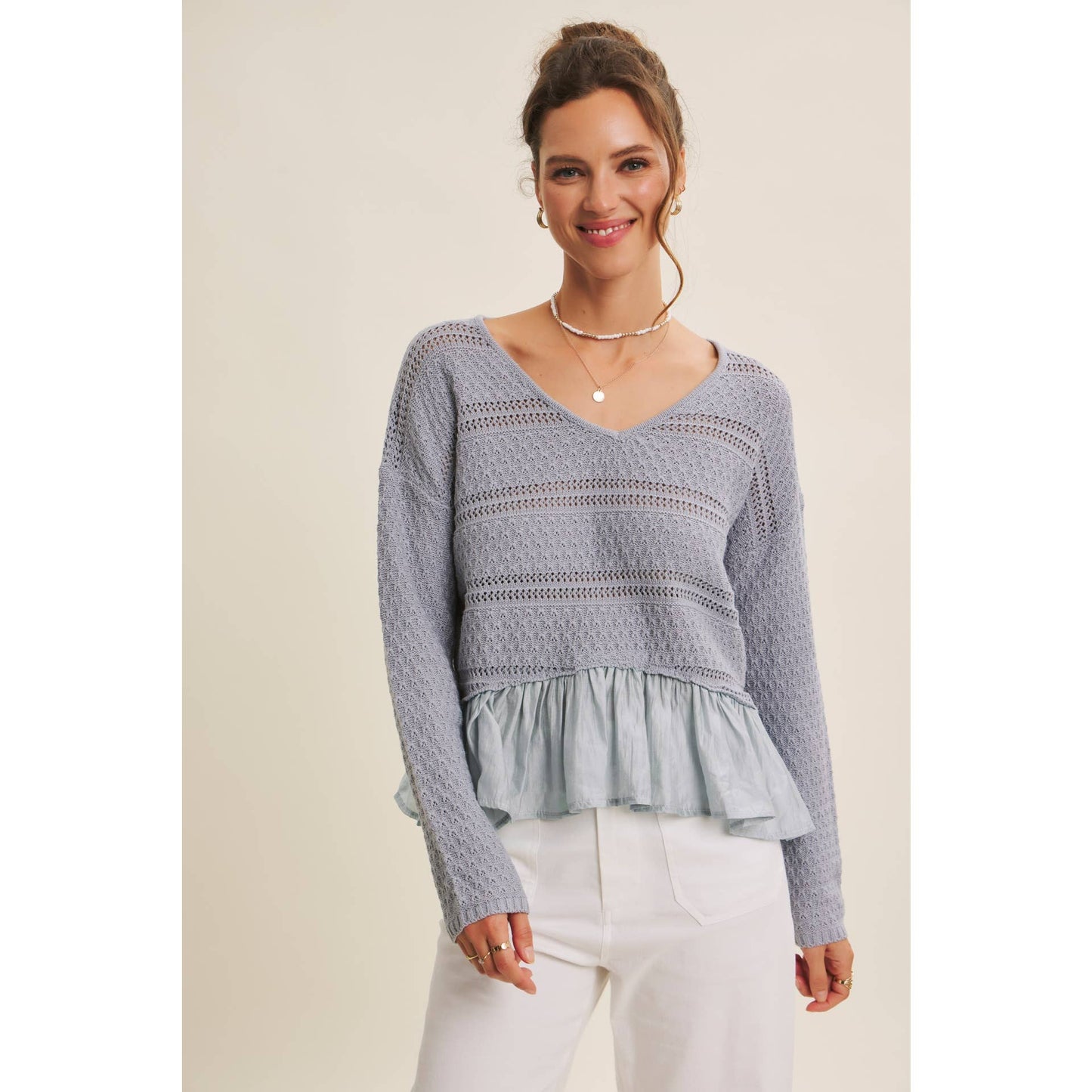 Slate Blue Ruffle Hem Crochet Sweater