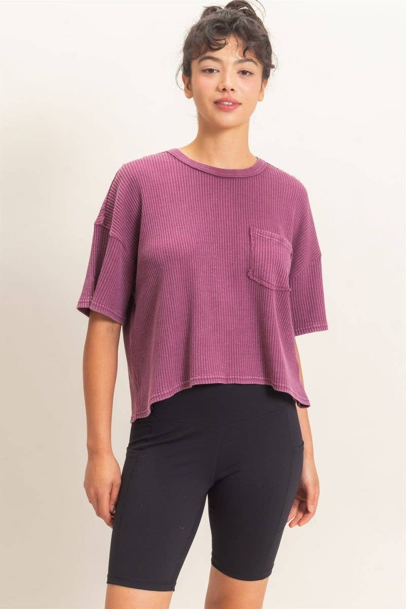 Mineral Wash Waffle Knit Pocket Top