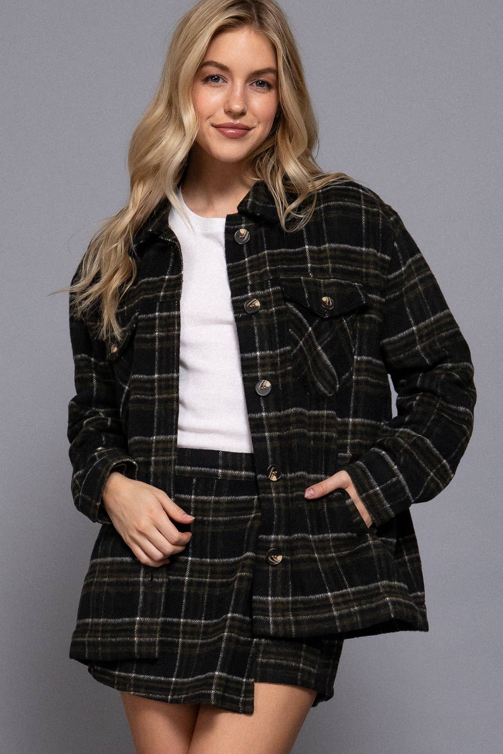 Brushed Plaid Inside Fur Jacket