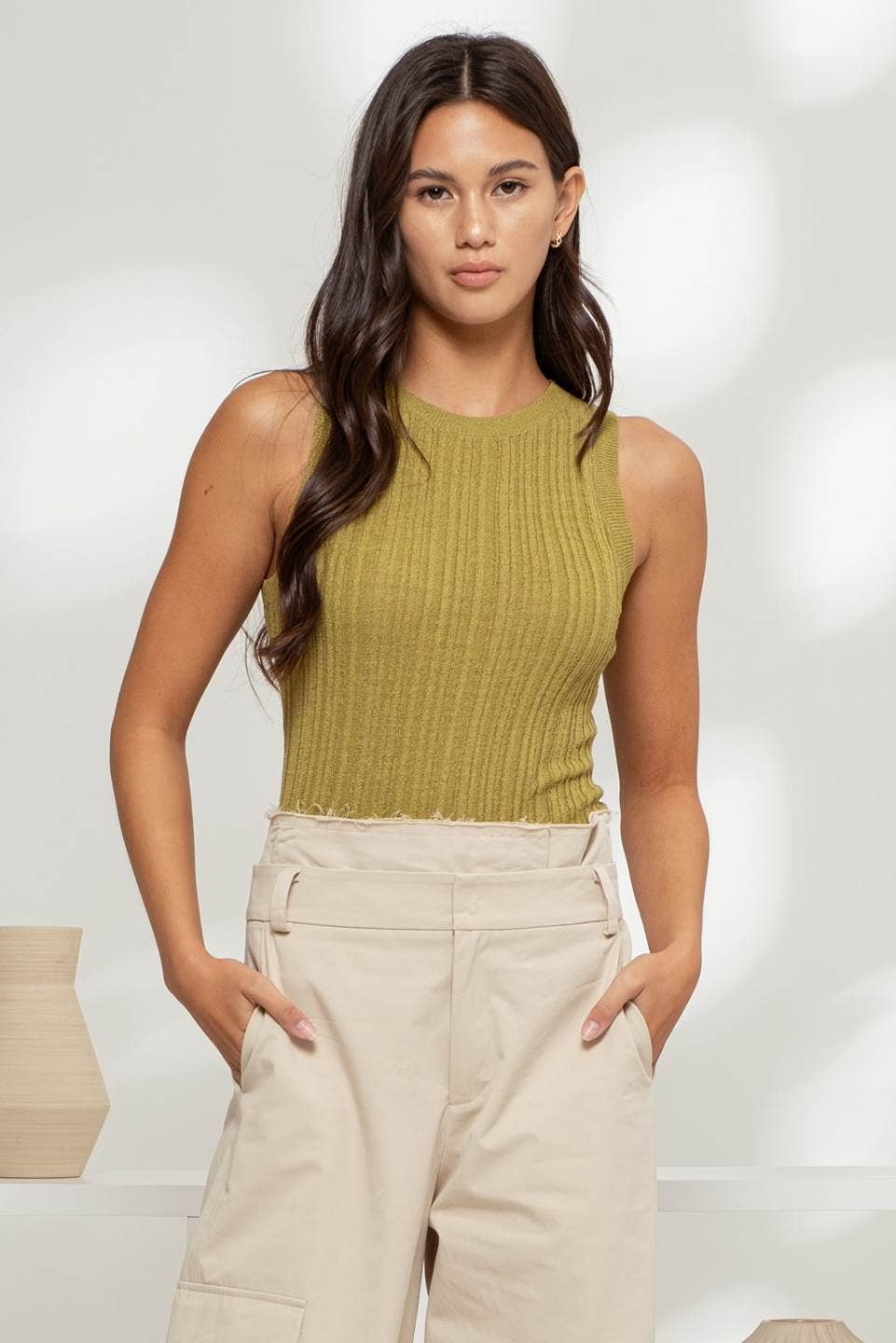 Sleeveless Round Neck Olive Top