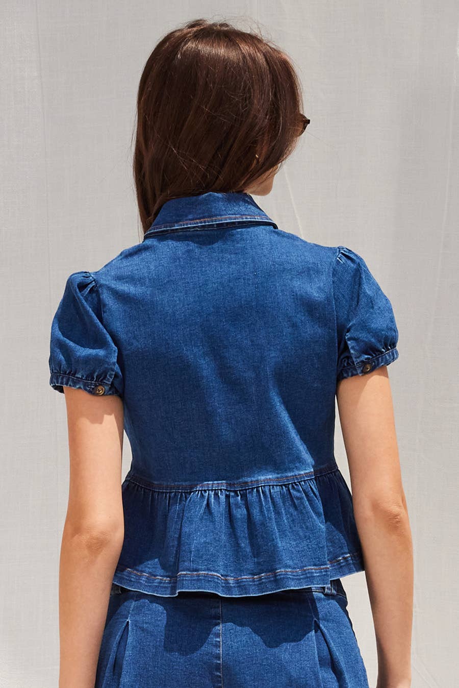 Denim Puff Sleeve Peplum Top