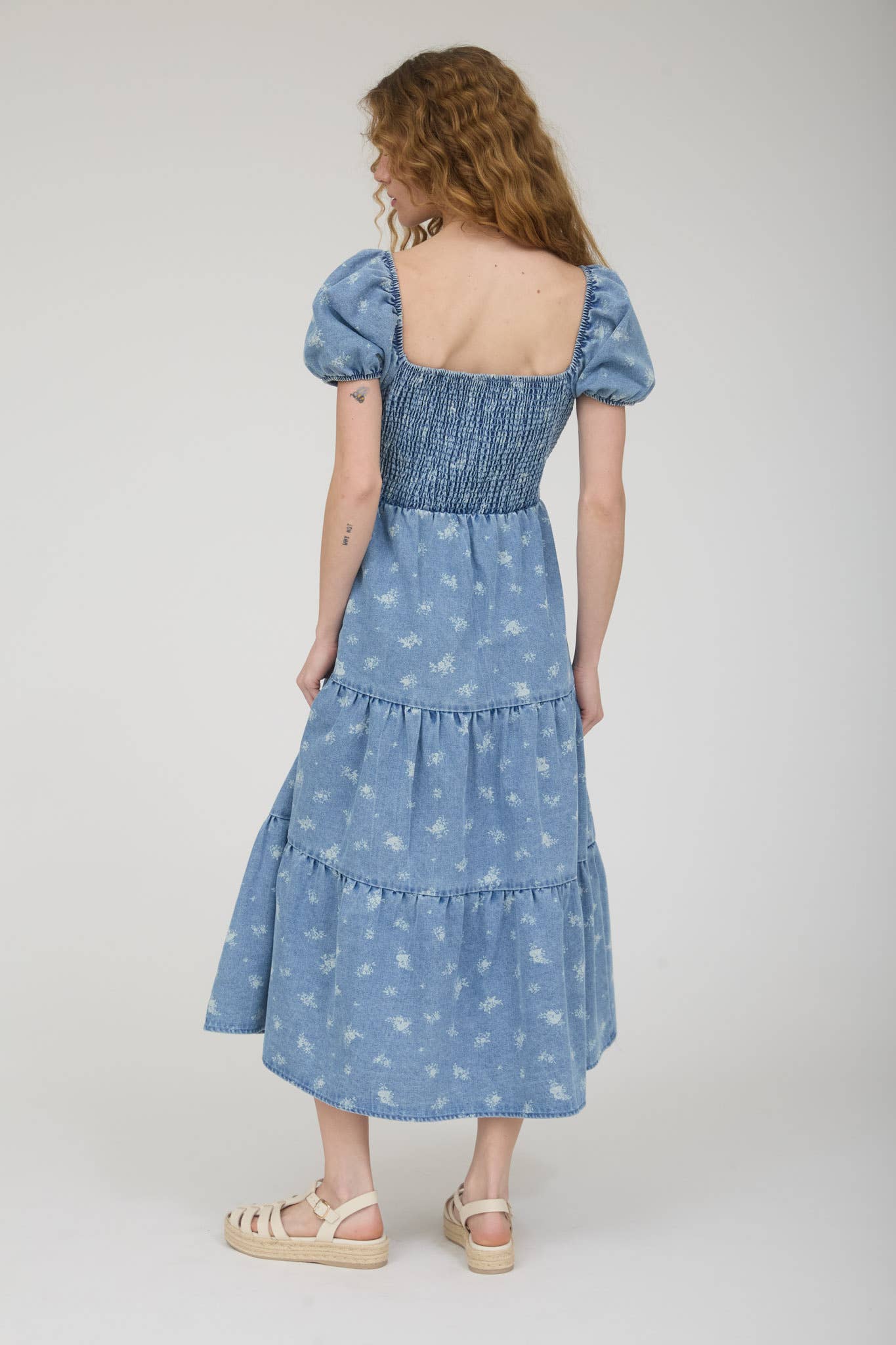 Floral Washed Denim Corset Tiered Dress