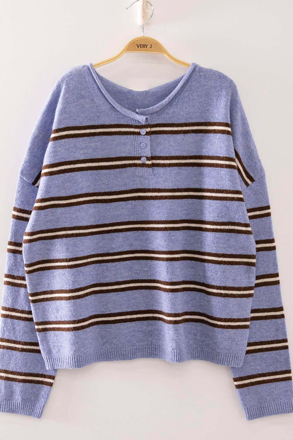 Striped Ribbed Hem Button Sweater