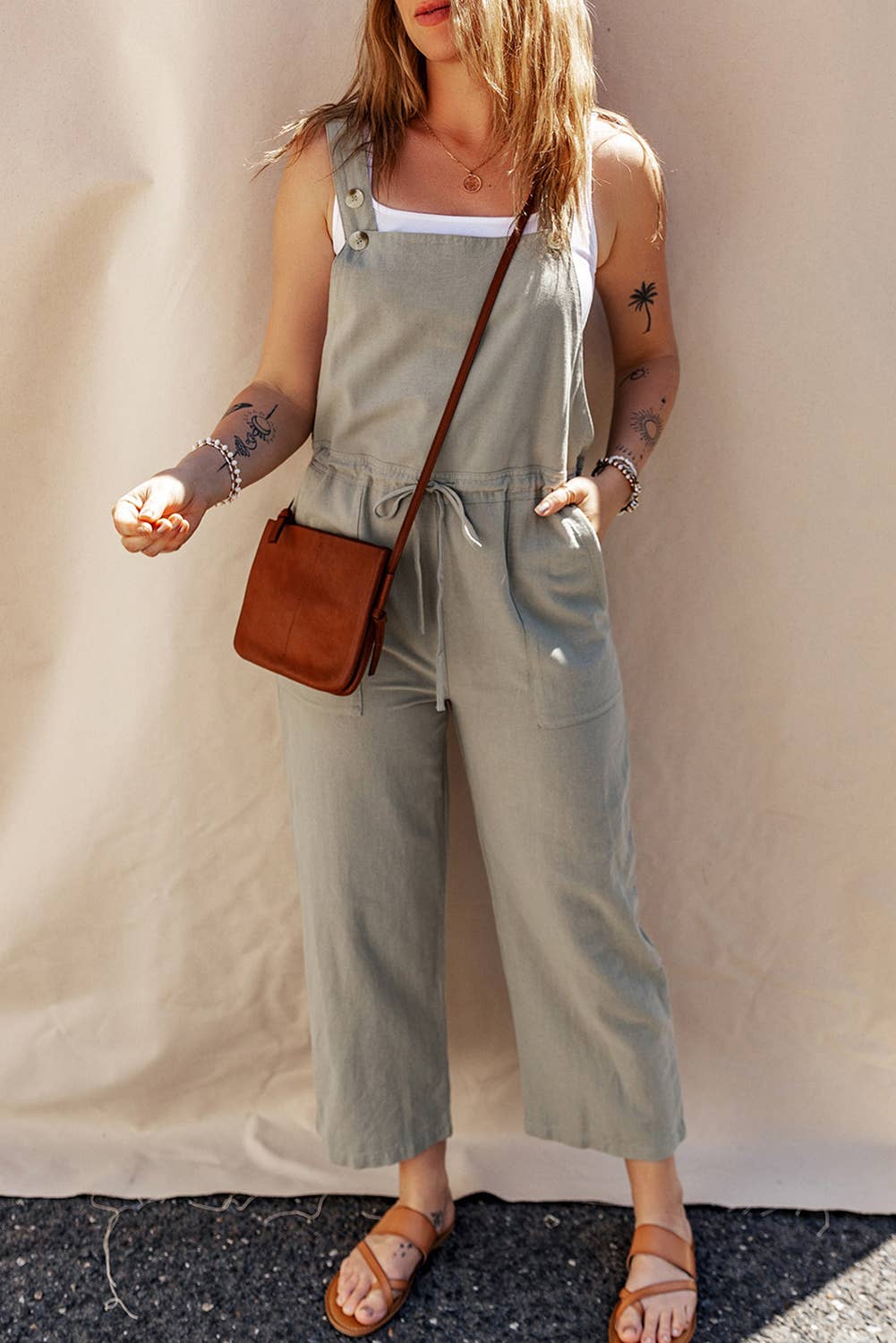 Drawstring Buttoned Cropped Overall