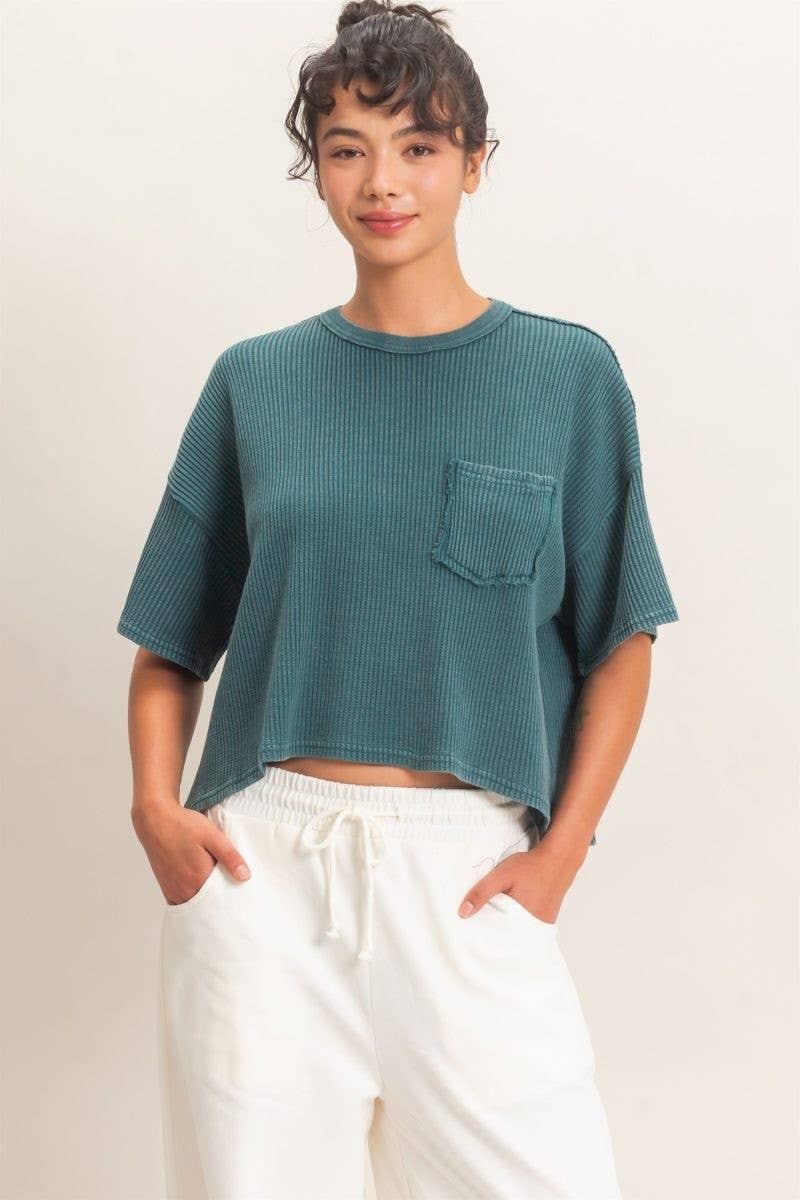 Mineral Wash Waffle Knit Pocket Top