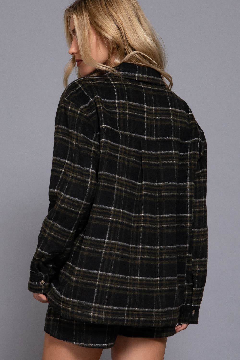 Brushed Plaid Inside Fur Jacket