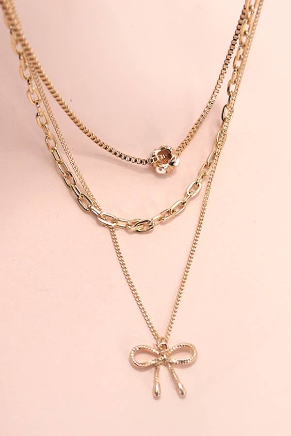 Gold Multi Layer Pearl Bow Charm Necklace