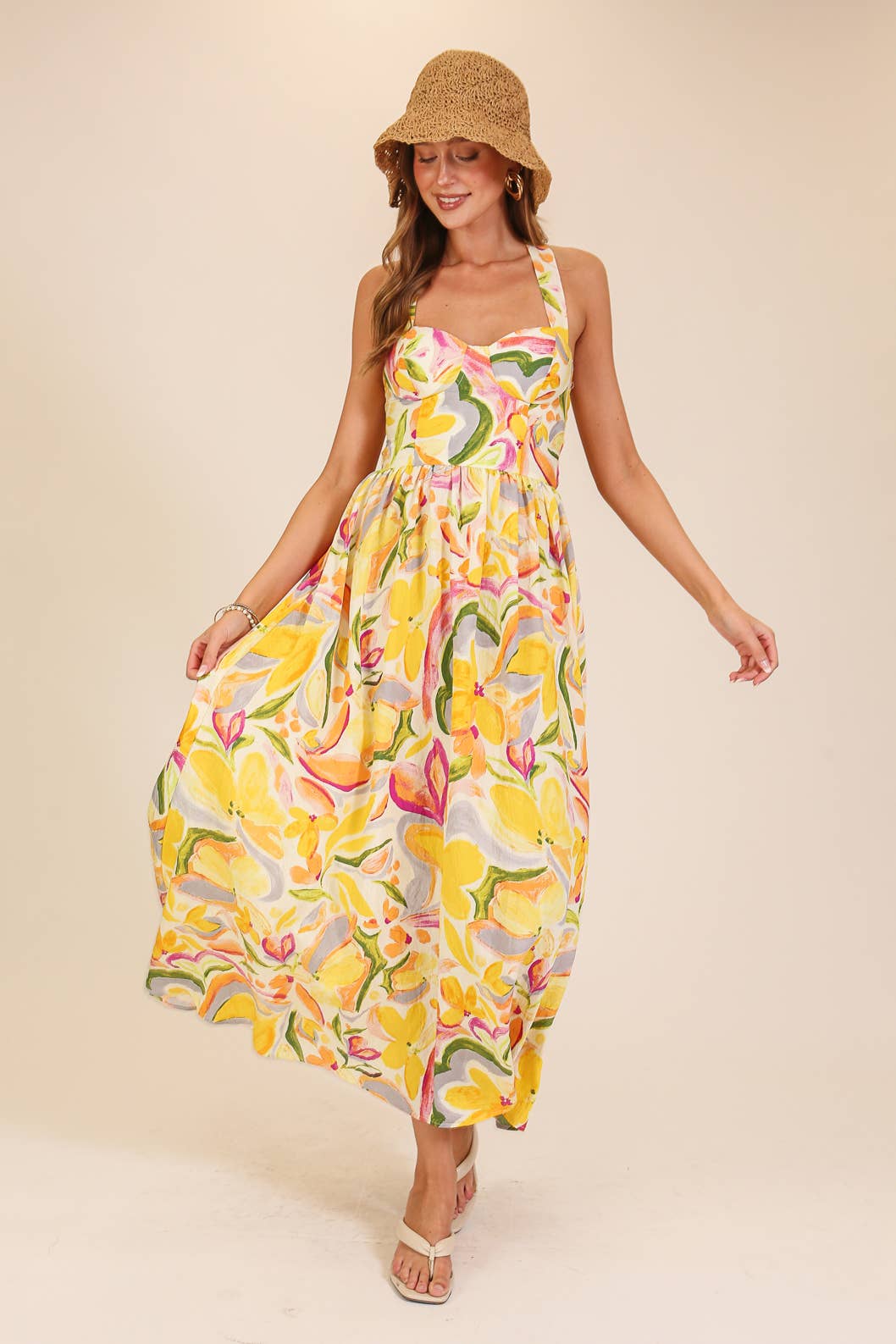 Yellow Floral Lace-Up Maxi Dress